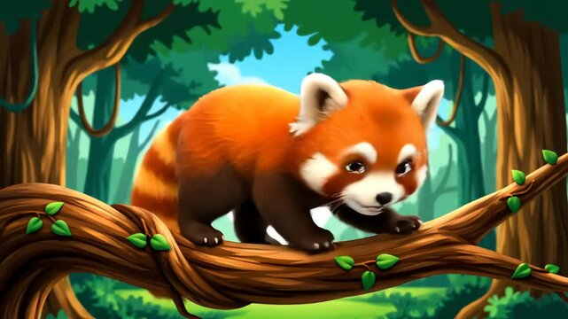 Cartoon red panda sitting on branch in lush forest scene