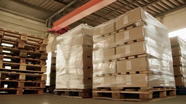 This informative video showcases a warehouse environment filled with stacked pallets. Each pallet is neatly wrapped in plastic, highlighting organized storage practices. The focus is on efficient logi