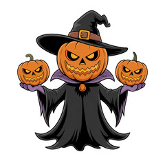 Cartoon Pumpkin Witch Holding Two Jack O Lanterns on Transparent Background