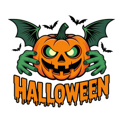 Halloween Pumpkin with Bat Wings and Green Hands on Transparent Background
