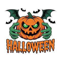 Spooky Halloween Pumpkin with Green Hands, Bats, and 'Halloween' Text on Transparent Background