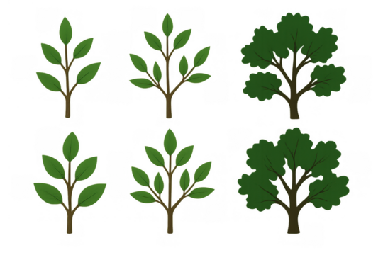 Tree growth stages vector illustration set showing young sapling and mature plant evolution on transparent background