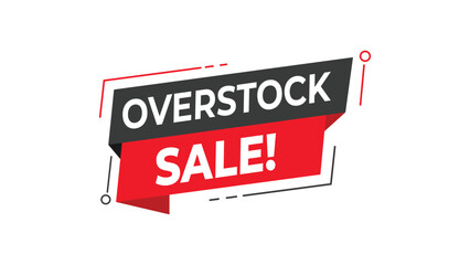 Overstock sale banner, red and black geometric speech bubble label, clearance discount promotion design, retail business marketing concept, isolated vector on white background
