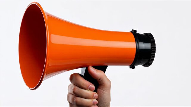 Amplified Announcement: A close-up shot of a human hand firmly gripping an orange megaphone, ready to deliver a powerful message.