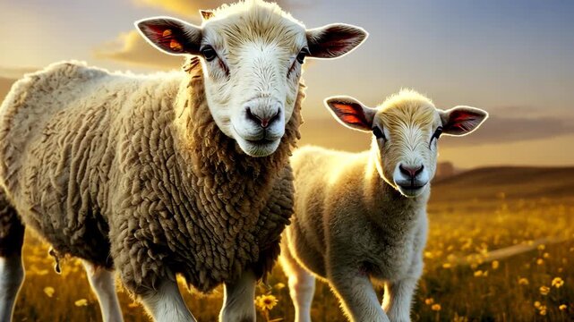 Sheep in the Golden Field: Two sheep, bathed in the soft glow of sunset, stand in a field of golden flowers, their gentle gaze capturing a serene rural scene.