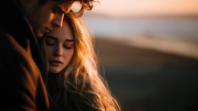 A young Caucasian couple embraces on a beach at sunset. The man has dark hair and the woman has long blonde hair. The ocean is visible in the background.