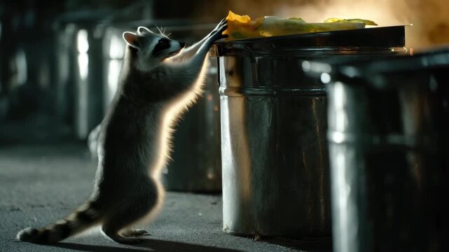 A raccoon is rummaging through a metal trash can in a dimly lit alley. The scene captures the animal's curiosity and scavenging behavior.