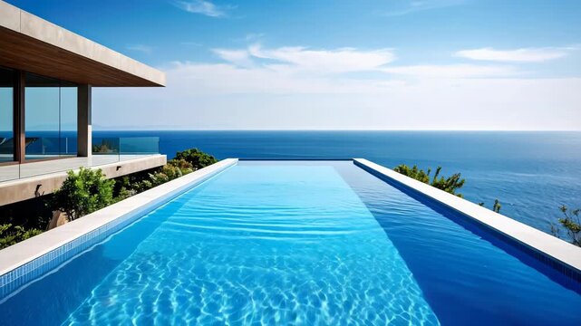 Luxury villa featuring an infinity pool that merges with the vast seascape, set against a clear blue sky, offering a tranquil escape.