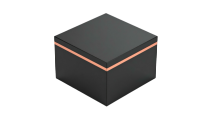 Dark isometric cube with a thin copper stripe dividing it, isolated on black, simple rendering for clean appearance