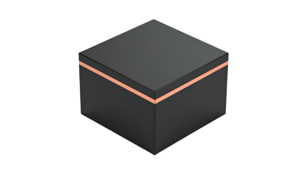 Dark isometric cube with a thin copper stripe dividing it, isolated on black, simple rendering for clean appearance