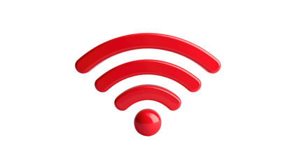 Glossy red wifi icon centered on black. Three curved lines radiate from a small, spherical base point
