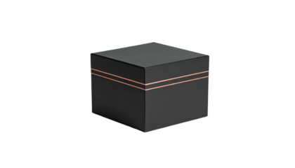 A dark grey cube with two thin orange stripes around the center, sitting on a black background in a centered view
