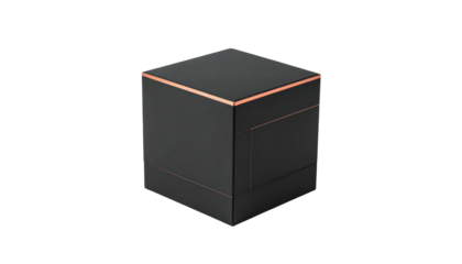 Elegant black cube box with thin copper accents, set against stark black background in simple, minimalist composition