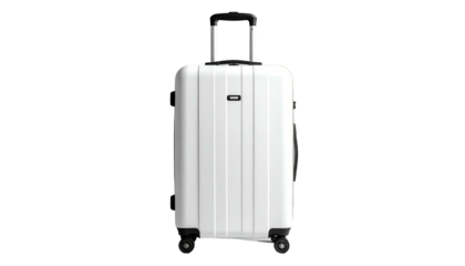 A clean white suitcase with vertical ridges and black details on a dark background