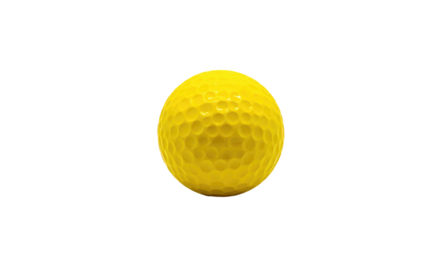 Bright yellow, dimpled sphere sits against a stark black background, central in the frame and well lit