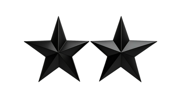 Two stylized, metallic black five-point stars, side-by-side, against a dark background, catching the light