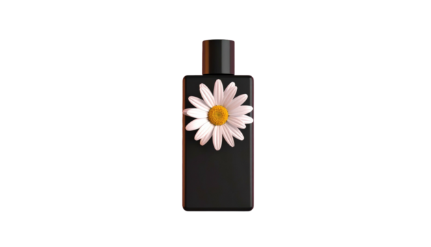 Black rectangular bottle adorned with a white daisy, centered on a plain black background