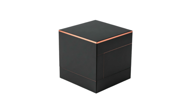 Elegant black cube box with thin copper accents, set against stark black background in simple, minimalist composition