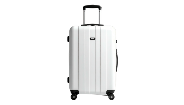 A clean white suitcase with vertical ridges and black details on a dark background