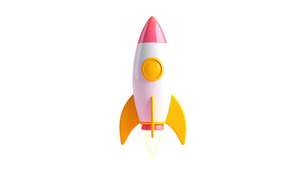 Rendered 3D rocket; white body, pink nosecone, yellow wings; isolated on black background, minimalist design