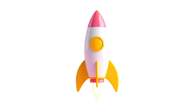 Rendered 3D rocket; white body, pink nosecone, yellow wings; isolated on black background, minimalist design