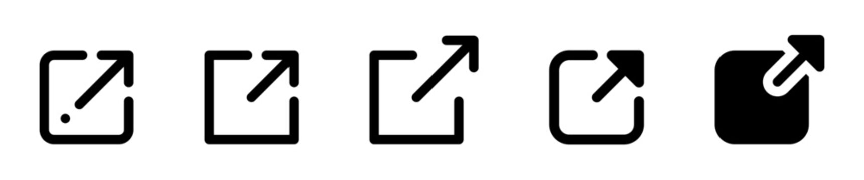 external link icon set. open in new window icons in various black styles with arrow and square shapes. Ideal for web design, hyperlinks, UI interfaces, navigation, and digital connection concepts