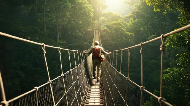 Person walking across suspension bridge in forest environment