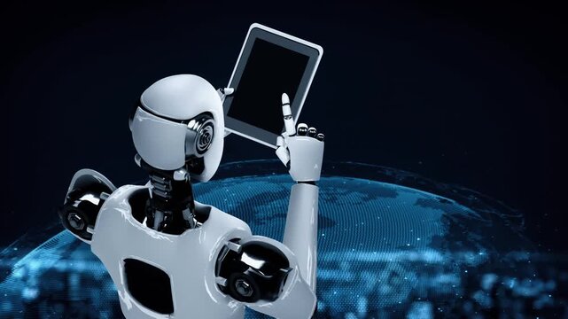 Robot hominoid using tablet computer for global network connection using AI thinking brain , artificial intelligence and machine learning process for 4th industrial revolution . 3D rendering.