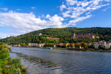 Obraz premium Heidelberg Castle and Neckar River on a sunny day.