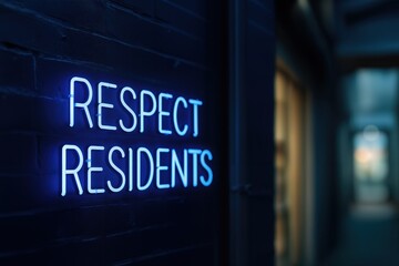 Obraz premium Neon Street Art Displaying 'Respect Residents' in a Dark Urban Alley at Night With Shallow Depth Of Field Creating a Focused Ambiance