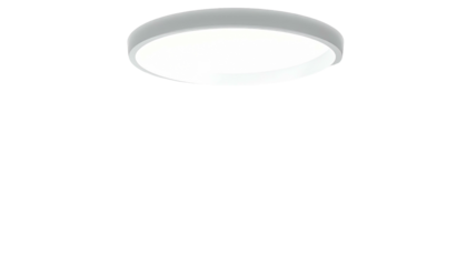 Round, white ceiling light fixture with a grey rim, floating above black background