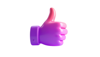 3D glossy thumbs-up symbol with pink and purple gradient against a stark black background