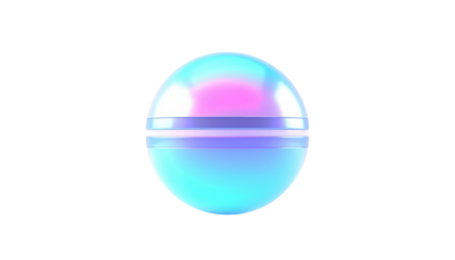 Glossy orb with vibrant blue and pink hues, bisected by a subtle band, stands out against a stark black background
