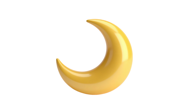 Glossy golden crescent moon on stark black, rendered with smooth gradients and sharp lines. Night sky celestial