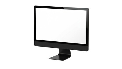 Sleek, black computer monitor angled against a black backdrop showcases a bright, white, rectangular screen display