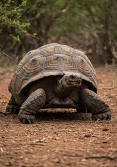 Obraz premium Magnificent ancient giant tortoise slowly moving through natural scrub habitat. Heavy domed shell and wrinkled skin texture visible ,dome ,tough ,longevity