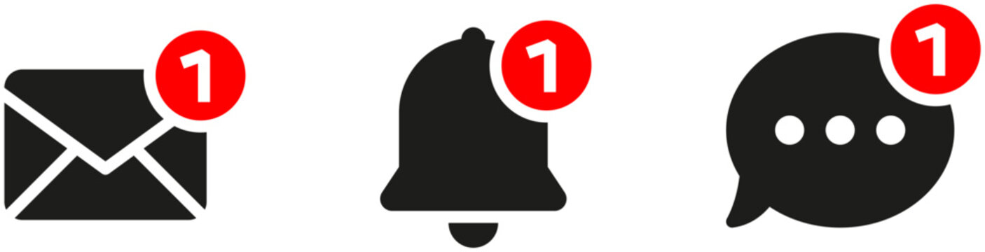 Set of notification icons for email, bell, and chat message with red alert or notification badge (number one). Perfect for new messages, alerts, and updates, social media, communication icons