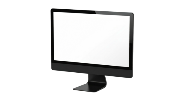 Sleek, black computer monitor angled against a black backdrop showcases a bright, white, rectangular screen display - Powered by Adobe