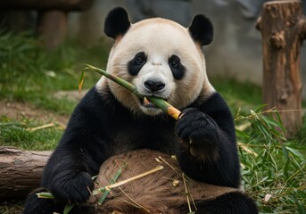 Obraz premium A large giant panda feeding on a freshly cut bamboo shoot, showcasing the animal's powerful grip and natural foraging behavior ,black ,herbivore ,environment