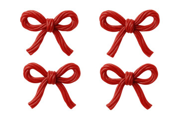 Red candy bows made from licorice ropes creating sweet decoration for gifts and holidays, transparent background