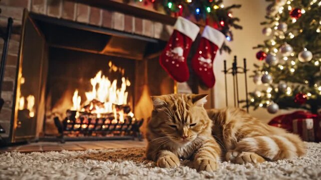 Domestic cat near fireplace with christmas decorations indoors holiday season concept imagery