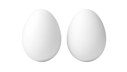 Two white eggs are positioned side-by-side against a stark black background, creating a simple, contrasting composition