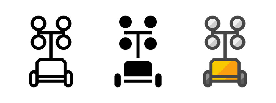 Multipurpose towable light tower vector icon in outline, glyph, filled outline style. Three icon style variants in one pack.