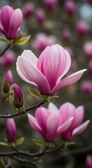 A close up shot of vibrant pink magnolia blossoms blooming beautifully on a sunny spring day, showing delicate petals and fresh buds ,growth ,nature ,texture