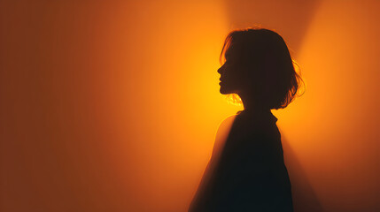 Silhouette of thoughtful woman in warm orange light symbolizing hope, inner peace, and empowerment for International Day for the Elimination of Violence against Women

