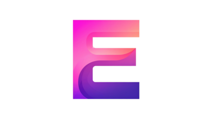 A vibrant letter E glows with pink, orange, and purple gradients on a stark black background