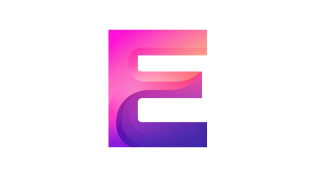 A vibrant letter E glows with pink, orange, and purple gradients on a stark black background