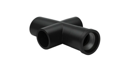 Black cross pipe fitting on black background, with one threaded port. Smooth plastic surface. Minimalist