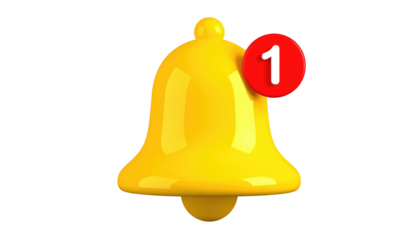 Yellow notification bell with a red circle and white '1' for a new alert, isolated against a black background