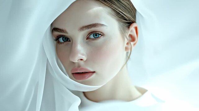 Close-up of a young womans face partially obscured by a sheer white fabric, creating a mysterious and ethereal portrait.